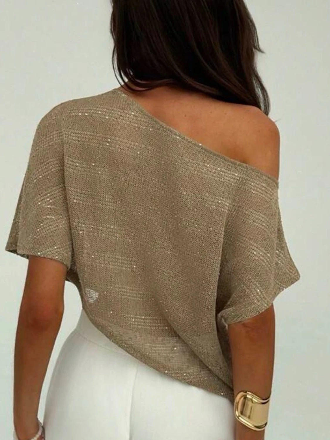 Beige glittrig offshoulder topp - 2