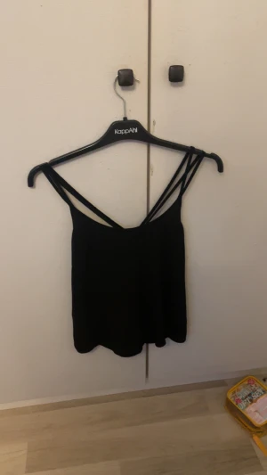 Svart linnetopp med smala axelband - Säljer en svart linnetopp från KappAhl med dubbla smala axelband som korsas i ryggen. Toppen har en enkel och stilren design, perfekt för att matcha med jeans eller kjol. Materialet känns lätt och luftigt, och toppen är ärmlös med en rak nederkant.