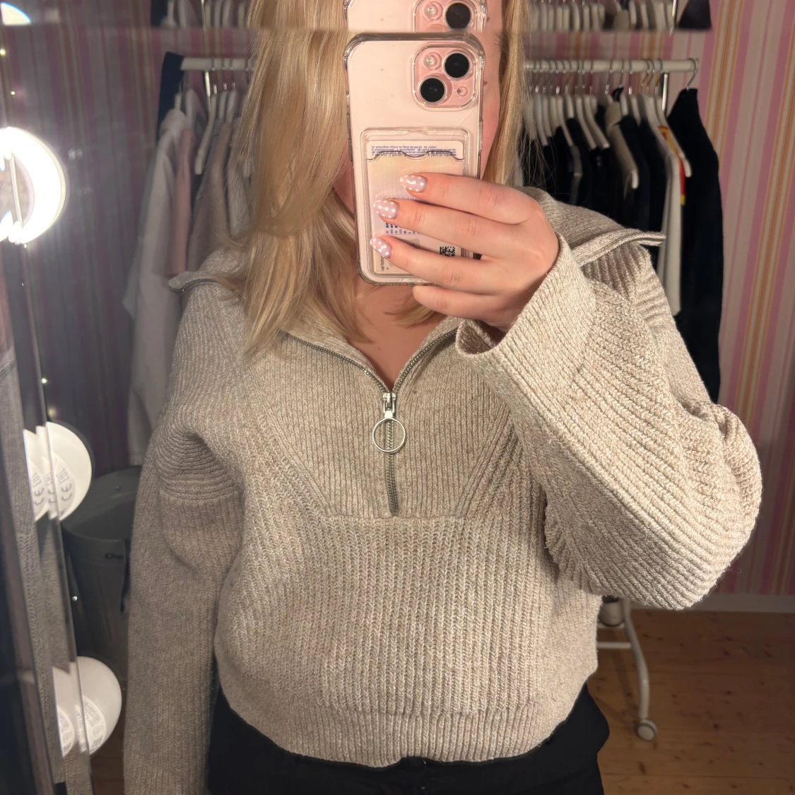 Beige stickad half zip tröja - 1