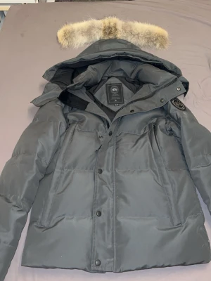 Mörkgrå dunjacka från Canada Goose - Säljer en mörkgrå dunjacka från Canada Goose med fluffig päls på huvan. Jackan har lång ärm, dragkedja och knappar framtill samt en patch på ärmen. Perfekt för kalla vinterdagar och har en schysst, lite loose passform.