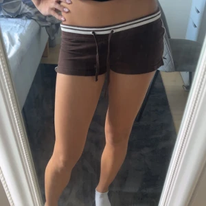 Bruna shorts med snörning - Snygga bruna låg midjade shorts från Fishbone i mjukt bomullsmaterial. De har vit-randig midja med snörning och en tight passform som sitter perfekt på höften. Perfekta för chill dagar eller när du vill ha en sportig vibe. Shortsen är i storlek S.