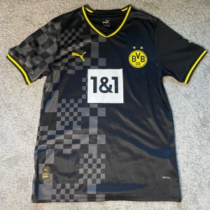 Borussia Dortmund fotbollströja  - Borussia Dortmunds svarta matchtröja från Puma med gula detaljer och klubbmärke på bröstet. Tröjan har korta ärmar, V-ringning med gul kant och digitalt rutmönster på ena sidan. Tillverkad i lätt och ventilerande material med DryCell-teknologi.