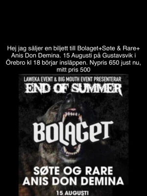 Biljett till End of Summer-festival - Säljer en biljett till End of Summer-festivalen med Bolaget, Søte & Rare och Anis Don Demina på Gustavsvik i Örebro den 15 augusti. Nypris 650!