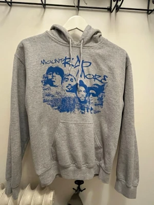 Grå hoodie med blått Mount Rapmore-tryck - Snygg grå ’Mount Rapmore’-hoodie med huva och dragsnören. 