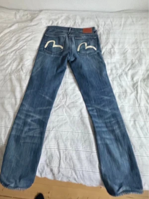 Blå jeans från Evisu med brodyr - Säljer ett par klassiska blå jeans från Evisu med deras ikoniska vita måsbrodyr på bakfickorna. Jeansen har rak passform, normal midja och snygg slitning på benen. Perfekta för dig som gillar streetwear och vill sticka ut lite extra.