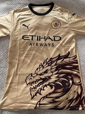 Manchester City beige matchtröja Puma - Snygg beige Manchester City matchtröja från Puma med svart drakkonst på framsidan. Tröjan har klubbmärke, Etihad Airways-logga och svarta detaljer vid krage och ärmslut. Tillverkad i lätt och ventilerande material, perfekt för fotboll eller träning.