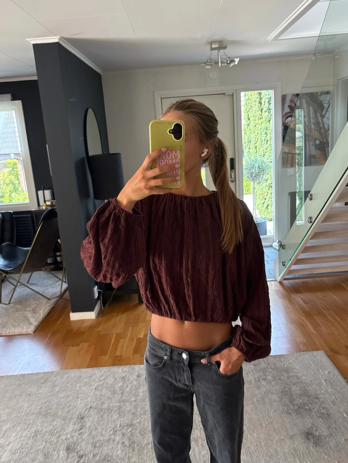 Brun croppad topp med ballongärmar - 1