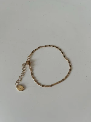 Tunt guldigt kedjearmband - Säljer ett tunt och stilrent armband i guldfärgad metall. Armbandet har en fin kedja med små länkar och ett justerbart lås med en liten oval bricka som detalj. 
