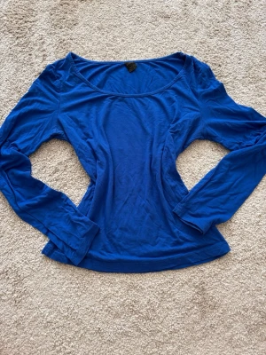 Blå långärmad topp - En enkel och stilren blå långärmad topp med rund halsringning. Perfekt att matcha med jeans eller kjol för en avslappnad look. Tillverkad i mjukt material som känns skönt mot huden.