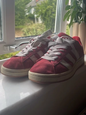 Röda Adidas Campus Sneakers - Säljer ett par klassiska Adidas Campus sneakers i röd mocka med vita detaljer och de ikoniska tre ränderna på sidorna. Skorna har vit sula och vita skosnören.