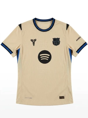Beige FC Barcelona matchtröja - Snygg beige FC Barcelona matchtröja med svarta detaljer och blå inslag på ärmsluten. Tröjan har klubbmärke, sponsorlogga och rund halsringning. Tillverkad i ett lätt och ventilerande material som passar perfekt till träning eller match.