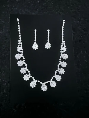 Glittrande smyckeset med blommor - Snyggt smyckeset med halsband och matchande örhängen i silverfärg. Både halsbandet och örhängena har gnistrande stenar i blommönster som ger en elegant look. Perfekt för dig som gillar detaljer och vill sticka ut lite extra.