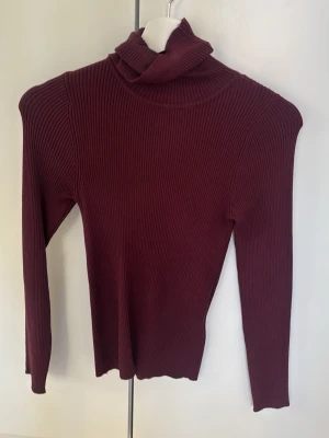 Vinröd ribbad polotröja - Säljer en vinröd ribbstickad polotröja med lång ärm och hög krage. Tröjan är figurnära och har en stretchig, mjuk känsla. Perfekt till höst och vinter för en stilren look.