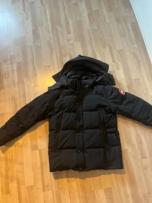 Svart dunjacka från Canada Goose - Säljer en svart dunjacka från Canada Goose med huva och klassisk logga på ärmen. Jackan har en rak passform, stora fickor framtill och stängs med både dragkedja och knappar. Perfekt för kalla vinterdagar och riktigt varm