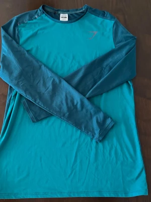 Blå långärmad träningströja Gymshark - Snygg långärmad träningströja från Gymshark i två nyanser av blått. Tröjan har rund halsringning och diskret Gymshark-logga på bröstet. Tillverkad i ett lätt och andningsbart material som passar perfekt för träning.