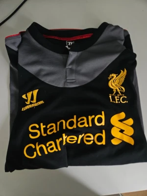 Liverpool FC svart tränings-tröja - Snygg svart och grå retro tröja från Liverpool FC med gula detaljer och klubbmärke på bröstet. Tillverkad av funktionsmaterial, perfekt för träning eller match. Warrior-logga och sponsortryck på framsidan. Köpt för 799 sek.