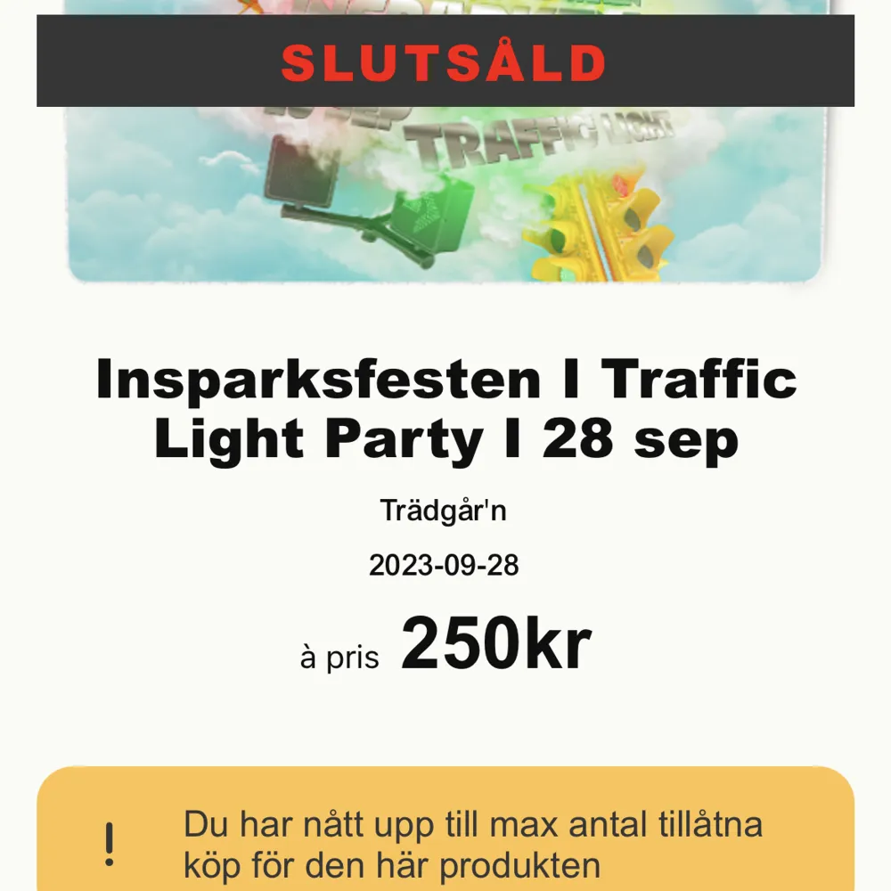 Säljer insparksbiljett till den 28/9. Insparken kommer vara i trädgårn i Göteborg. Köpte för 270 (250+20kr service avgift), men kan sälja för 199. Skriv för frågor.   . Övrigt.