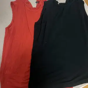Hej! Jag säljer två sköna linnen i rött och svart i storlek S för totalt 60 kr. Skriv om du har några funderingar.