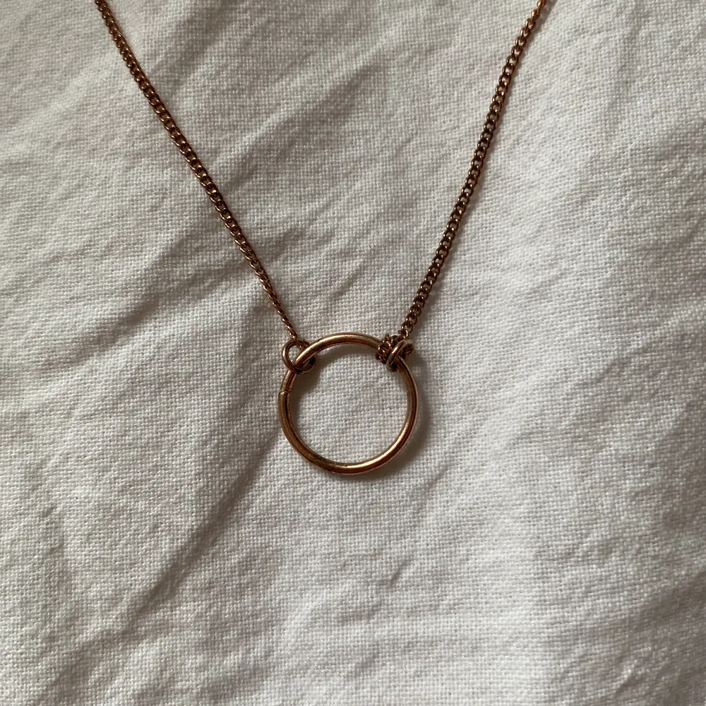 Ett guld/brons halsband med cirkel berlock på. Accessoarer.