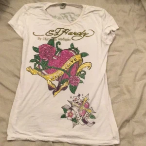 ed Hardy T-shirt med rhinestones  - Lite genomskinlig och några rhinestones e borta och har hamnat lite överallt på tröjan men annars bra sick och den sitter som en M o e jätte stretchig 