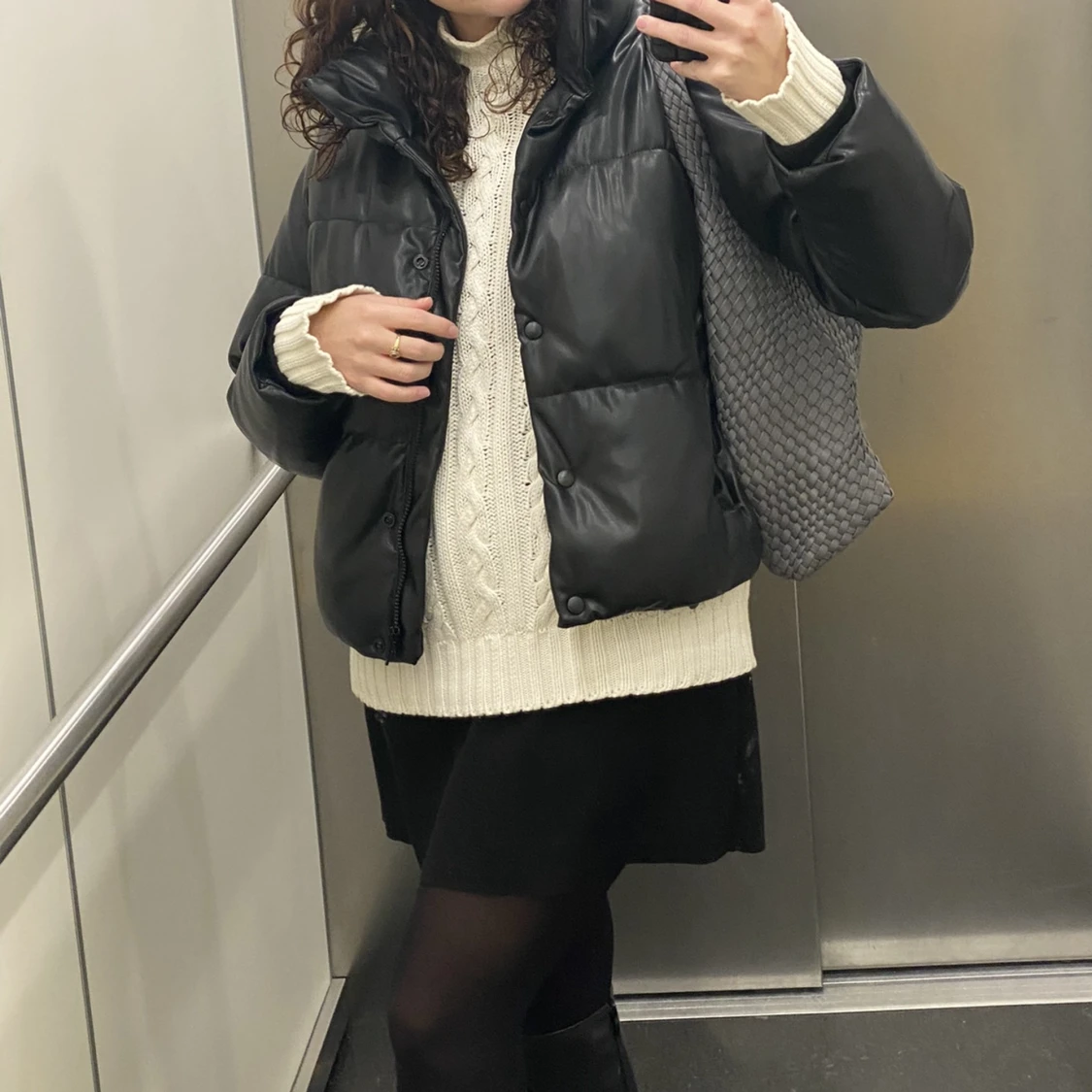 Pufferjacka med läder effekt - 91