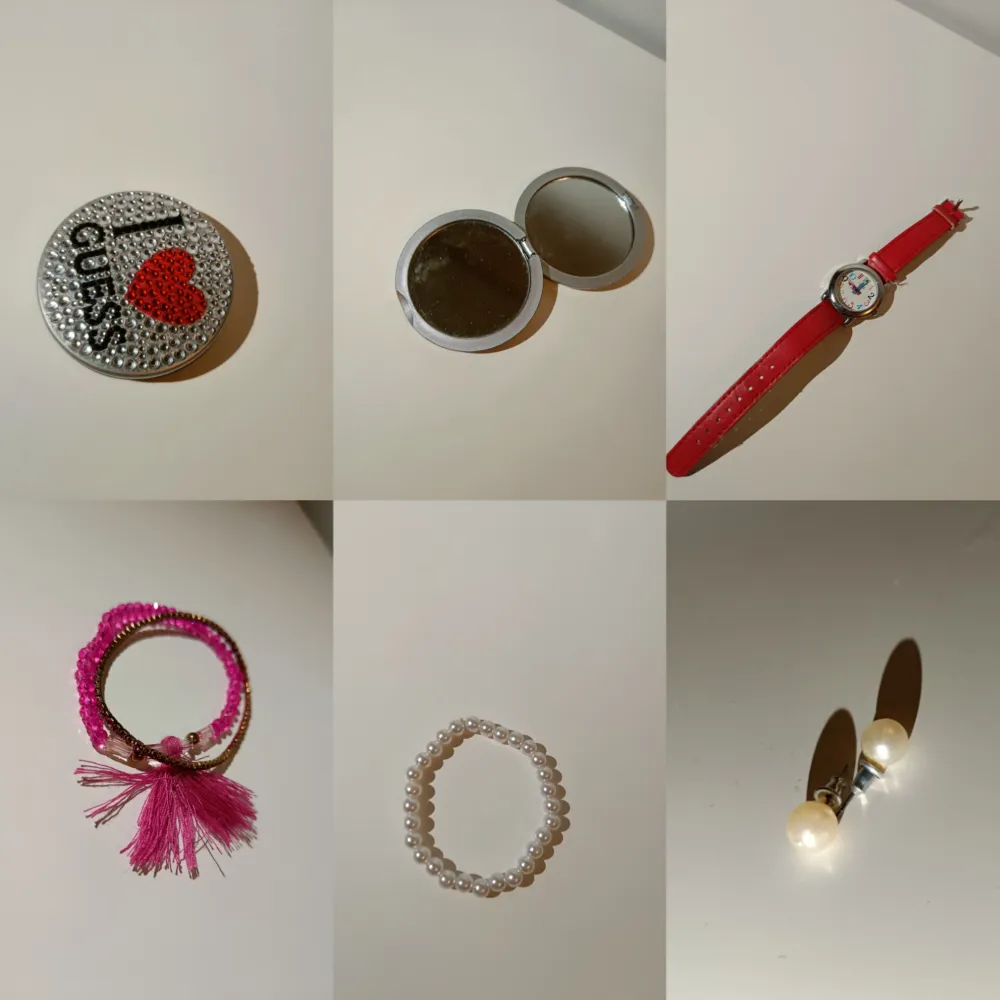 Säljer accessoarer för endast 120 kr! Det ingår en mini spegel, röd klocka, rosa armband med stenar, vitt armband med vita pärlor och vita pärlörhänge!. Accessoarer.