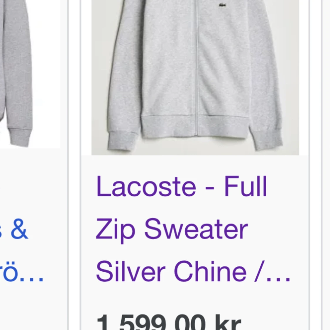 Grå Lacoste sweatshirt med dragkedja, strl M - 90