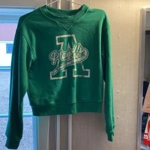 En grön tjock tröja - Den har text på tröjan 
