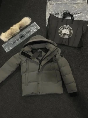 Grå dunjacka från Canada Goose - Säljer en grå dunjacka från Canada Goose med avtagbar huva och pälskant. Jackan har en klassisk puffer-modell, stora fickor och tydlig logotyp på ärmen. Perfekt för kalla vinterdagar och riktigt varm tack vare dunfyllningen.