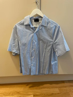 Blåvit randig skjorta  - Kortärmad skjorta i blått och vitt med tunna vertikala ränder. Skjortan har klassisk krage, knappar framtill och en avslappnad passform. Perfekt för en chill och stilren look.