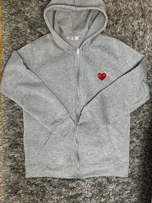 Grå hoodie från Ami Paris - Snygg grå zip-hoodie med det ikoniska röda hjärtat på bröstet. Mjuk bomullskvalitet, dragkedja framtill, två fickor och huva. Perfekt för en chill och stilren look.