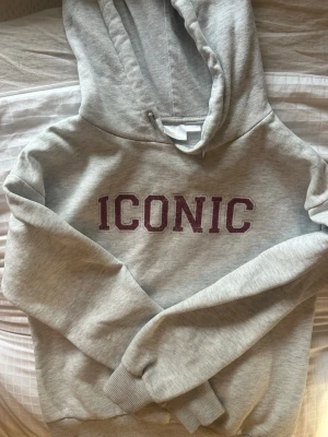 Grå hoodie med texten ICONIC - Snygg grå hoodie med huva och dragsko. På bröstet står det 'ICONIC' i stora vinröda bokstäver. Hoodien har ribbade muddar vid ärmslut och nederkant. Perfekt för en chill och avslappnad stil. Materialet känns mjukt och bekvämt, troligen bomullsblandning.