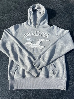 Grå hoodie från Hollister med tryck - Snygg grå hoodie från Hollister med broderat vitt logotryck och texten 'Hollister 1922' på bröstet. Klassisk känguruficka framtill och ribbade muddar. Mjuk insida och huva med dragsko. Perfekt för en avslappnad streetstyle. Liten hål på en av ärmarna storlek S