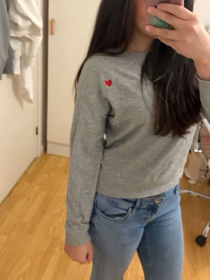 Grå långarmad tröja - En enkel och snygg grå sweatshirt med ett litet rött hjärta broderat på bröstet. ❤️säljer för att jag aldrig använder den