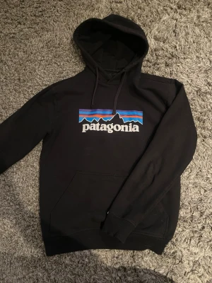 Svart Patagonia hoodie med logga - Snygg svart hoodie från Patagonia med klassisk logga och bergmotiv i blått, lila och rött på bröstet. Tröjan har huva med dragsko och stor magficka framtill. Tillverkad i mjuk bomullsblandning för skön känsla. Perfekt för en avslappnad streetwear-look.