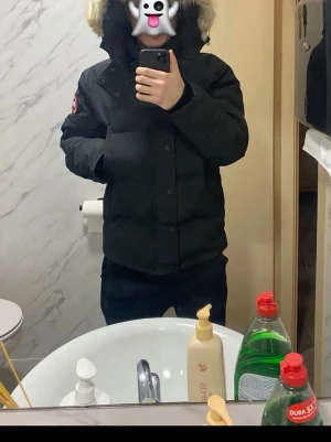 Svart pufferjacka från Canada Goose - Säljer en svart pufferjacka från Canada Goose med stor huva och fluffig pälsdetalj. Jackan har en klassisk patch på ärmen, dragkedja och knappar framtill samt flera fickor. Perfekt för kalla dagar och riktigt varm.