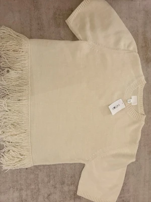 Beige stickad topp med fransar H&M - Trendig beige stickad topp från H&M med korta ärmar och snygga fransar längs nederkanten. Tillverkad i mjukt material och har ribbad halsringning. Perfekt för dig som vill ha en unik och stilren look.