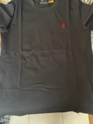Svart t-shirt från Polo Ralph Lauren - Klassisk svart t-shirt från Polo Ralph Lauren med röd broderad logga på bröstet. T-shirten har rund halsringning och korta ärmar. Tillverkad i mjuk bomull för en skön och avslappnad stil.