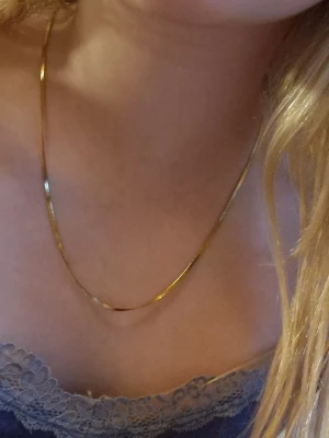 Tunt guldigt halsband i platt design - Säljer ett stilrent och tunt halsband i guldton med platt, glänsande kedja. Halsbandet har en enkel och elegant look som passar perfekt till många olika outfits. Låset är klassiskt och smidigt att använda. Perfekt accessoar för dig som gillar minimalistisk stil.