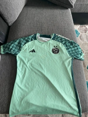 Grön Algeriet fotbollströja Adidas - Snygg ljusgrön fotbollströja från Adidas med Algeriets landslagslogga på bröstet. Tröjan har mönstrade mörkgröna ärmar och rund halsringning. Perfekt för träning eller match. Materialet är lätt och andas, vilket gör den bekväm att bära under aktivitet.