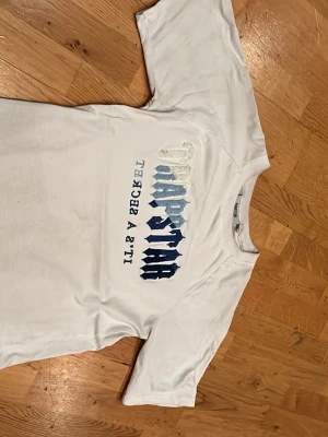 Vit Trapstar t-shirt med blå text - Säljer en vit t-shirt från Trapstar med stort broderat Trapstar-tryck i olika blå nyanser på bröstet och texten 'It's a secret' under. Klassisk rund hals och korta ärmar. Perfekt för dig som gillar streetwear och vill sticka ut.