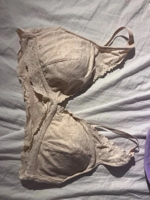 Beige spets-bh med tunna band - Säljer en beige bh med tunna axelband och vacker spetsdetalj runt kuporna. Bh:n har triangelformade kupor utan bygel och är tillverkad i ett mjukt, stretchigt material med spetsmönster. Perfekt för dig som gillar en enkel och feminin stil.