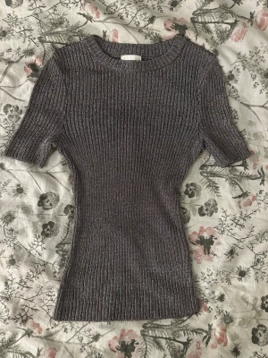 Glittrig ribbad topp i silver - Säljer en glittrig ribbad topp i silver med korta ärmar och rund hals. Toppen har en tight passform och är tillverkad i ett stretchigt syntetmaterial som ger en snygg metallisk look. Perfekt för dig som vill sticka ut lite extra.