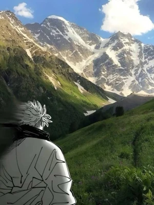 Anime bild skk 20 - Snygg poster med en svartvit animefigur i förgrunden och ett färgstarkt bergslandskap i bakgrunden. Motivet kombinerar tecknad stil med naturfoto, vilket ger en unik och kreativ känsla. Perfekt för dig som gillar anime och natur.