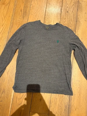 Ralph Lauren tröja - Mjuk och tunn grå långärmad tröja från Polo Ralph Lauren med rund halsringning. Tröjan har en liten grön broderad logga på bröstet och är tillverkad i ett stretchigt material som sitter skönt på kroppen. Perfekt för lager på lager och enkel att matcha.