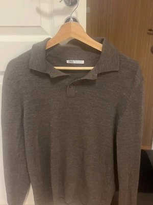 Brun långärmad tröja från Zara - Säljer en brun långärmad tröja från Zara med klassisk krage och knappslå. Tröjan är i mjukt stickat material och har en stilren, enkel design som passar perfekt till jeans eller chinos.
