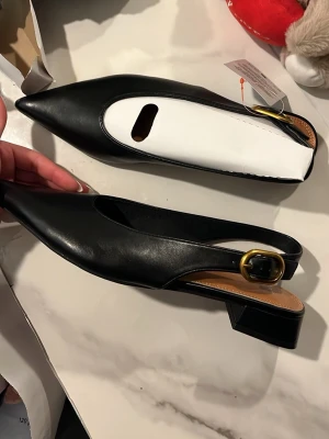 Svarta spetsiga ballerinaskor i läder - Snygga svarta skor från Asos med spetsig tå och öppen häl. Skorna har en elegant guldfärgad spänndetalj och låg klack. Helt nya oanvända råka beställa fel storlek 