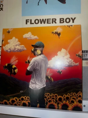 Flower Boy vinylalbum - Säljer ett färgstarkt vinylalbum med omslaget till 'Flower Boy'. Omslaget har en person i vit t-shirt och keps, solrosor, bin och moln mot en orange himmel. Skivan har ett tryck med en närbild på ett bi och texten 'Flower Boy'. Perfekt för samlare eller musikälskare.  Aldrig spelad. 100% nytt skick