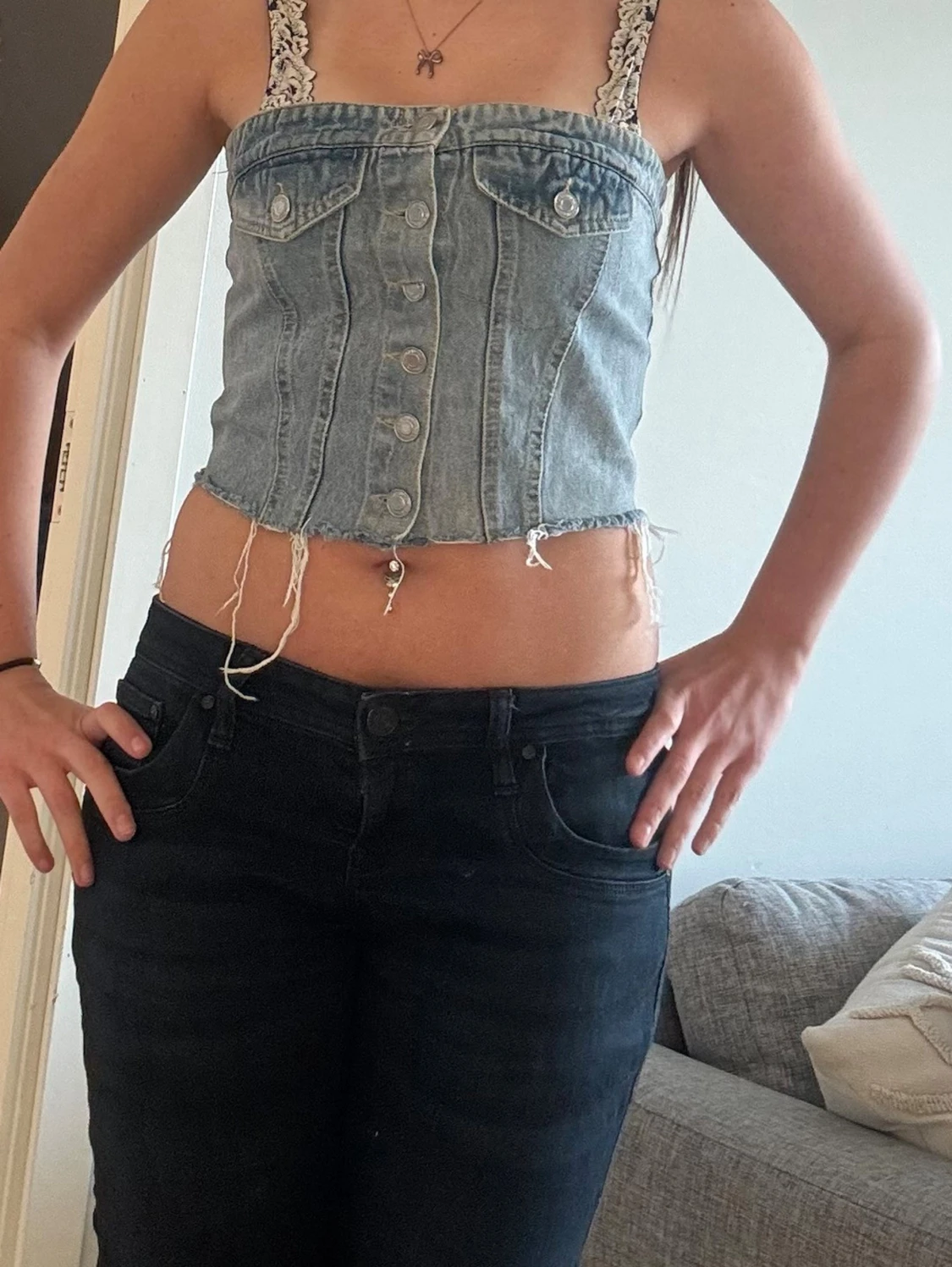 Ljusblå denim tubtopp med knappar - 3