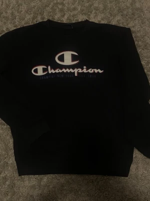 Svart Champion sweatshirt💫storlek M - Svart sweatshirt från Champion med stort broderat logotyptryck på bröstet och liten logga på ärmen. Klassisk rund halsringning och ribbade muddar vid ärmslut och nederkant. Perfekt för en avslappnad streetwear-look. STORLEK M 
